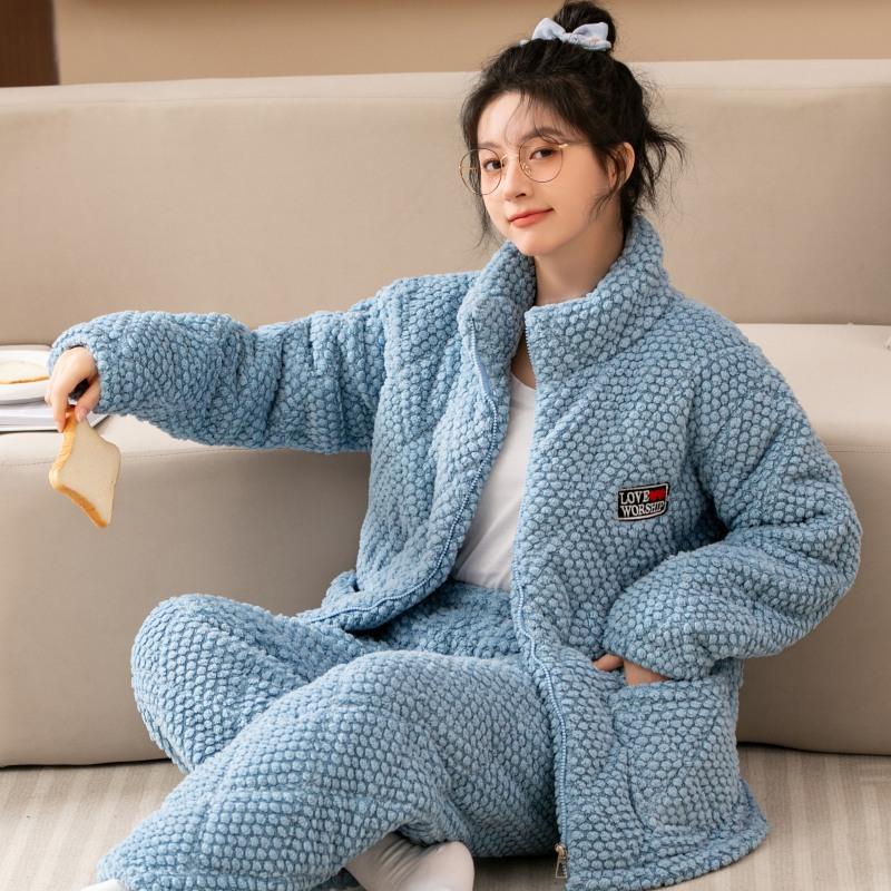 Thickened And Velvet Three-Layer Padded Pajamas Women'S Winter Coral Fleece New Large-Size Loungewear Simple And Casual