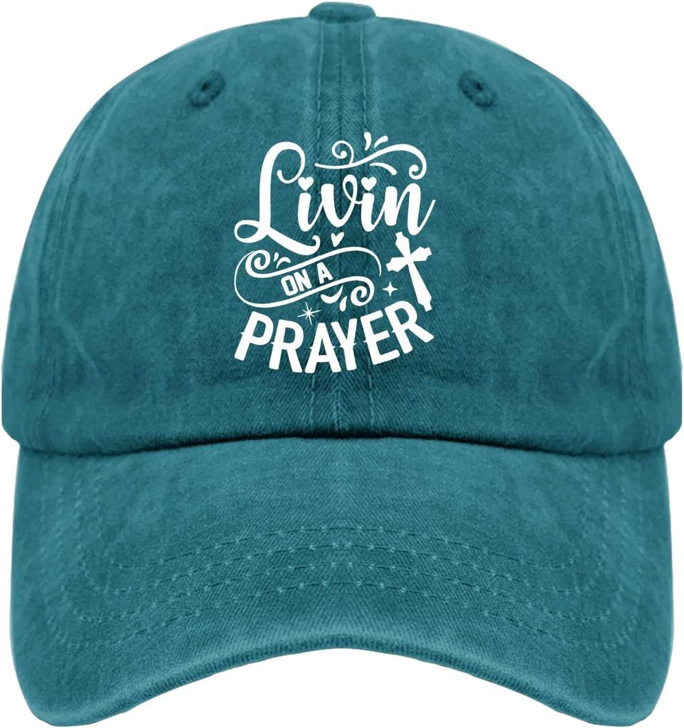 Livin On A Prayer Baseball Cap Christian Quote Distressed Dad Hat Casual Unisex Adjustable Headwear