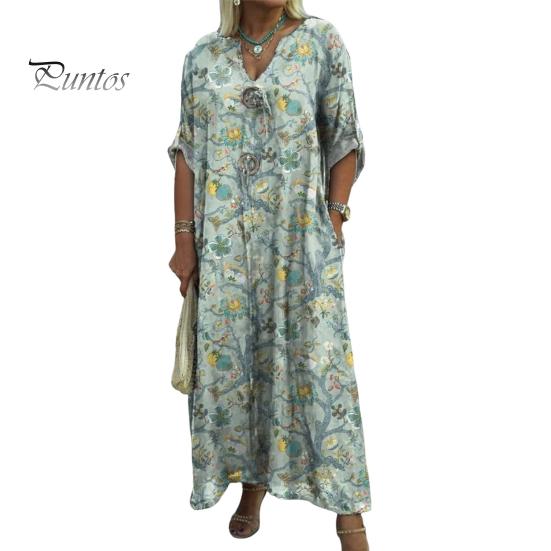 Herbst Sommer Damen Kleid Blumendruck Locker Neunte Ärmel mit Manschettenknöpfen V-Ausschnitt Seitentaschen Täglich Langes Kleid Lässiges Maxikleid