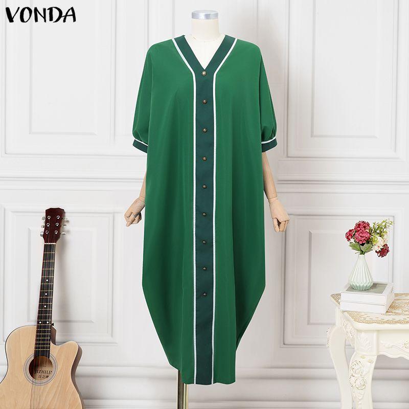 

VONDA Свободное женское платье-халат макси с 3/4 рукавами, сшитое, повседневное, мешковатое S зелёный
