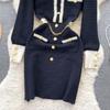 Autumn Women O Neck Long Sleeves Buttons Chain Pockets Knitted Sweater Dress Elegant Skinny Sheath Bodycon Dresses