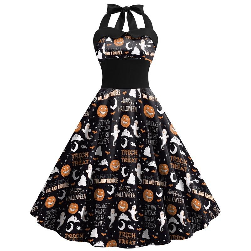 Summer New Halloween Dress Skull Cobweb Printing Costume Women's Strap High Waist Dress Children