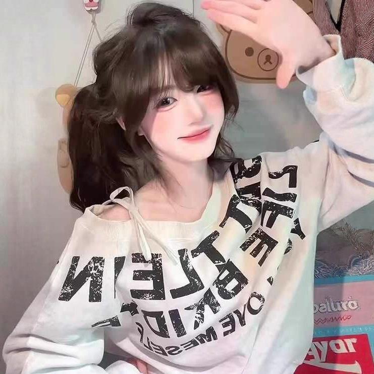 American retro sweet hottie letter print slanted shoulder sweater women's spring and autumn loose lazy wind off the shoulder