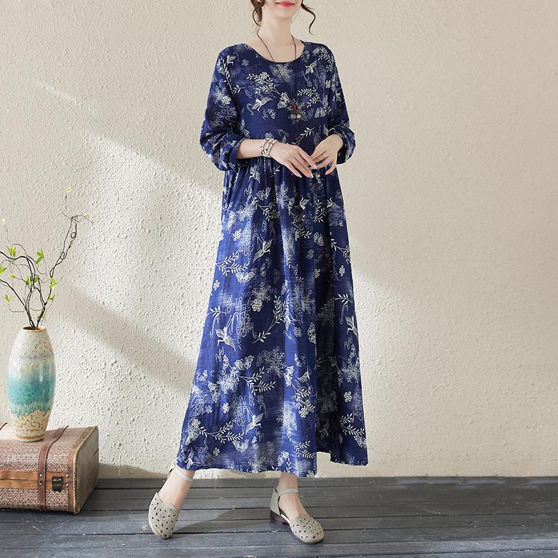 DIMANAF 2025 Plus Size Women Spring Summer Dress Vintage Lady Long Dress Floral Style Loose Maxi Dress Printing