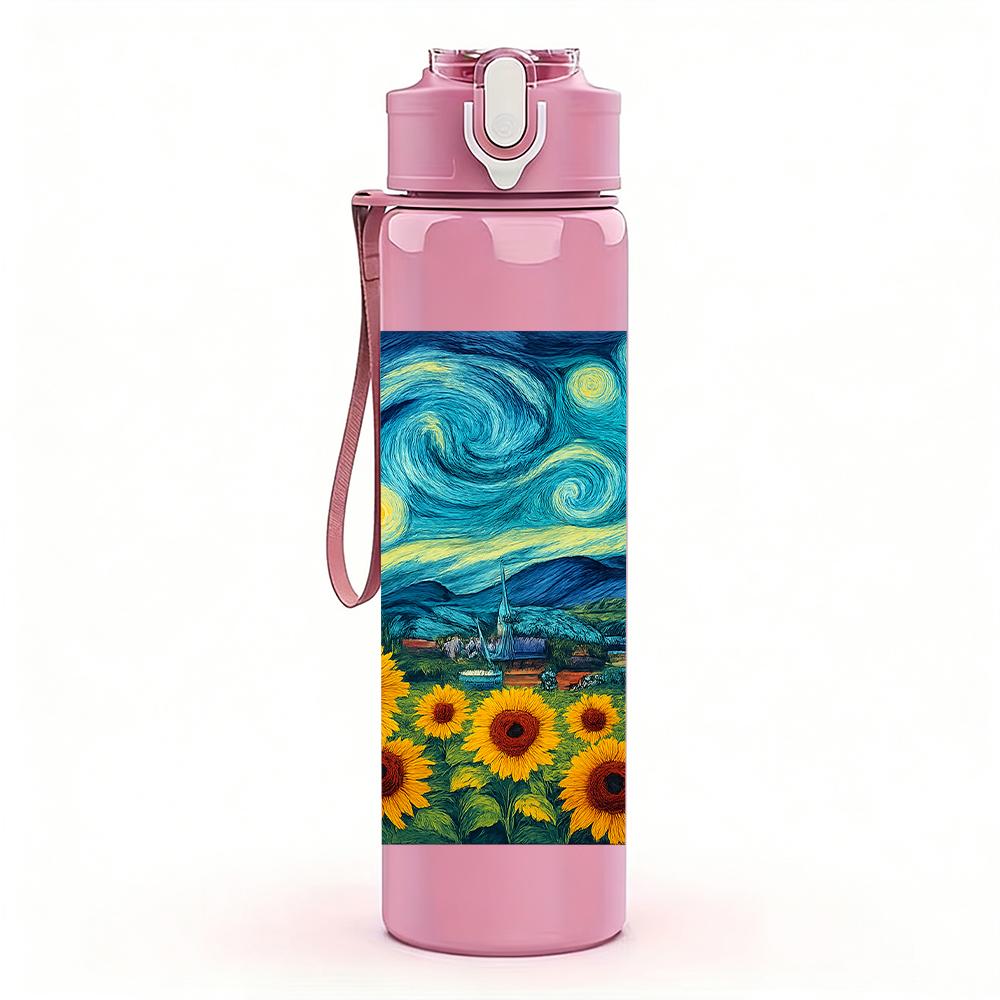 1PC Sunflower Starry Night Art 750ml Color Plastic Sports Water Bottle Leakproof Flip Straw Lid For Sports Office Home Use