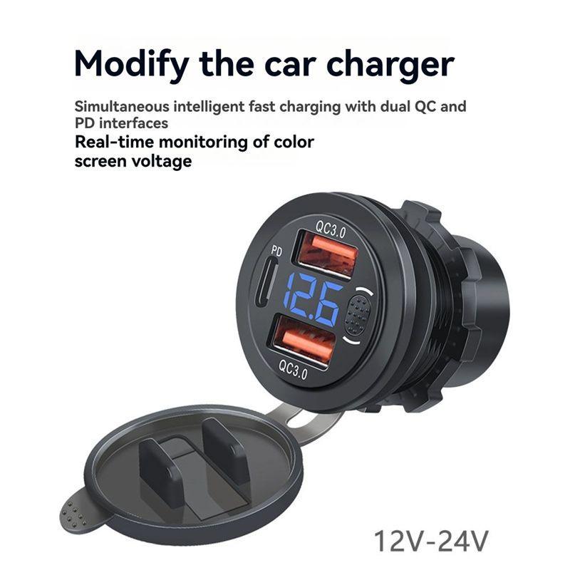 Durable-USB Outlet For Car With Voltmeter Touch Switch Dual QC3.0& PD 3 Ports USB C Socket For Car Boat Marine Truck RV