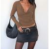 QICED Women's Fashion Casual Solid Color Print Long Sleeve V Neck Blouses & Shirts Unique Design