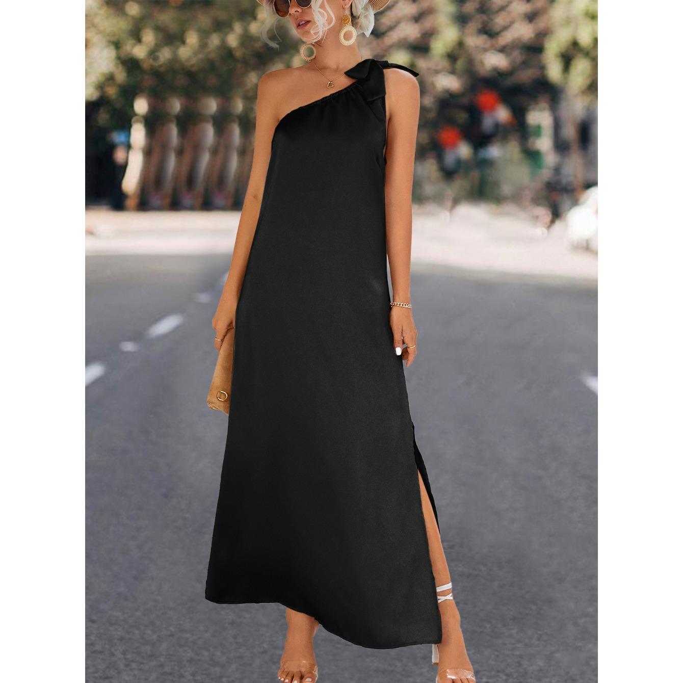 

QICED Весна-лето, сплошное цветное платье без рукавов с принтом на одно плечо, свободное платье с косыми бретелями XL чёрный