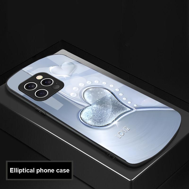 Gradient Love Silver For IPhone 16 Pro Max 15 Pro 14 13 12 Mini 11 XS Max XR 7 8 Plu SE 2022 Elliptical Glass Phone Case