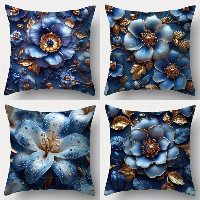 Blue Gold Floral Pattern Home Decor Pillow Cover Living Room Sofa Polyester Cushion Cover with Zipper