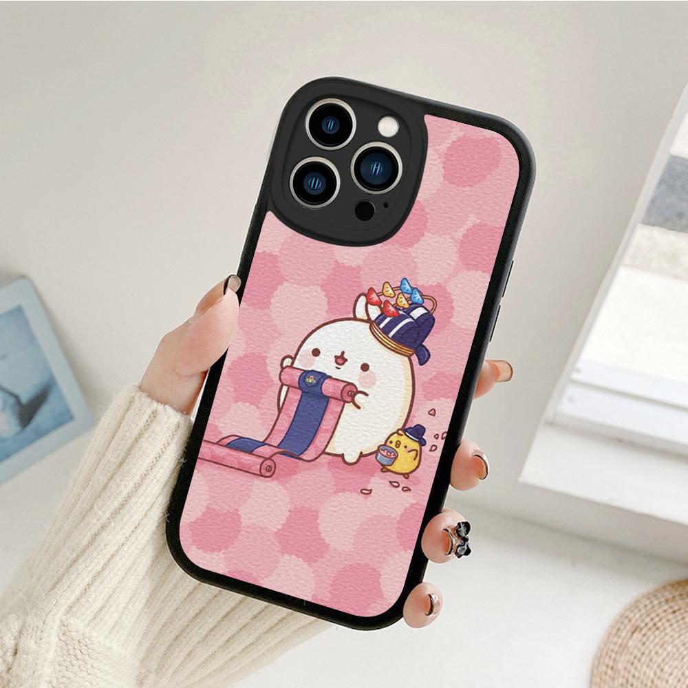 Kawaii Molang Cartoon Anime Cat Phone Case for Iphone 14 13 11 12 Pro MAX 13 12 MiNi 7 8 Plus X XS XR Lambskin Protective Covers