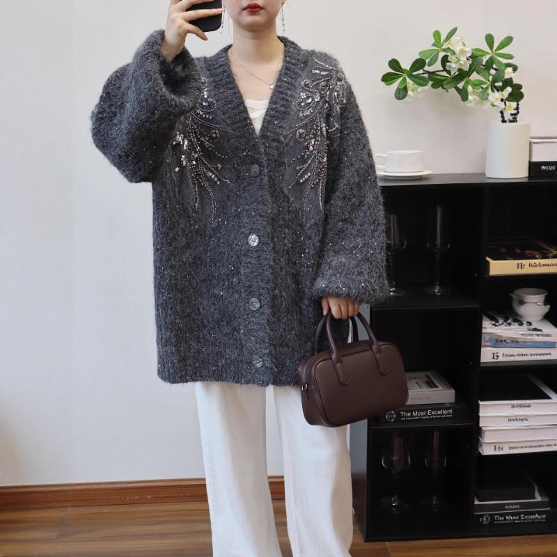 Autumn and Winter New Medium and Long Knitted Cardigan Loose Sequined Beaded Design Sweater Jacket Women