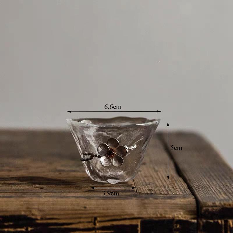 Japanese Style Glass Tin Plum Blossom Water Cup Flower Kung Fu Tea Drinking Mug Transparent Teacup