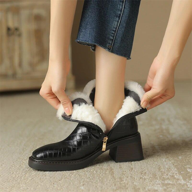 

Meotina/женские ботильоны из натуральной кожи, шерстяные короткие сапоги с квадратным носком на высоком толстом каблуке и пряжкой на молнии, женская модная зимняя обувь