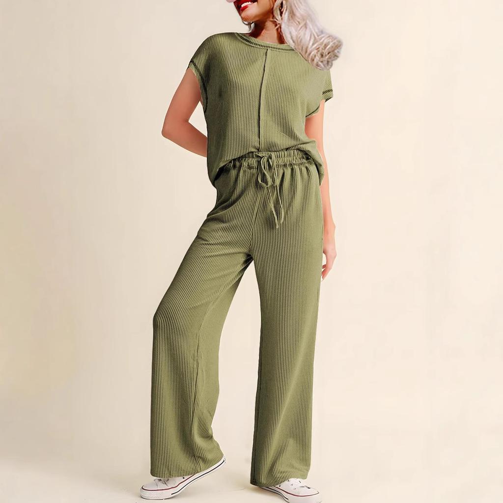 Women's Casual Lounge Set Short Sleeve Top & Wide Leg Pants with Drawstring Waist In 6 Colors