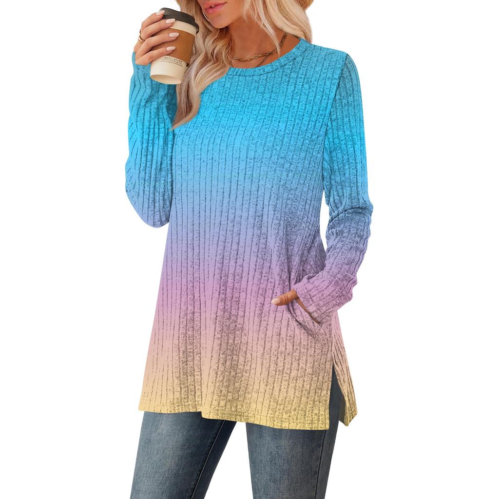 Women's Gradient Printed Round-neck Long-sleeved Top With Pockets And Side Slits