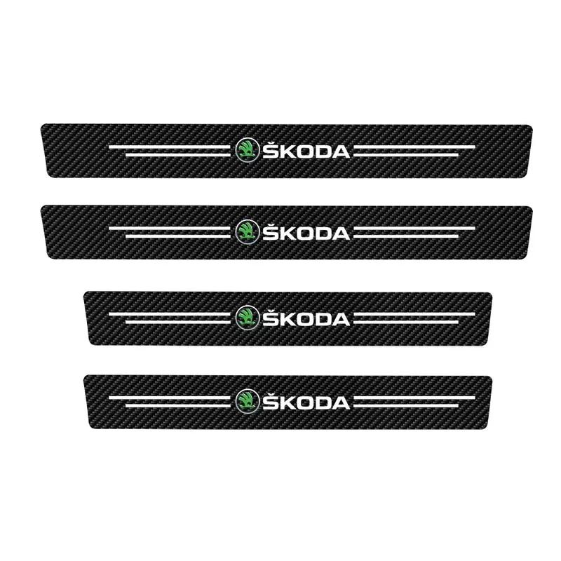 4Pcs New Leather Carbon Fiber Car Door Sill Threshold Protector Stickers For Skoda Octavia A5 A7 Rapid Fabia Superb Kodiaq Scala
