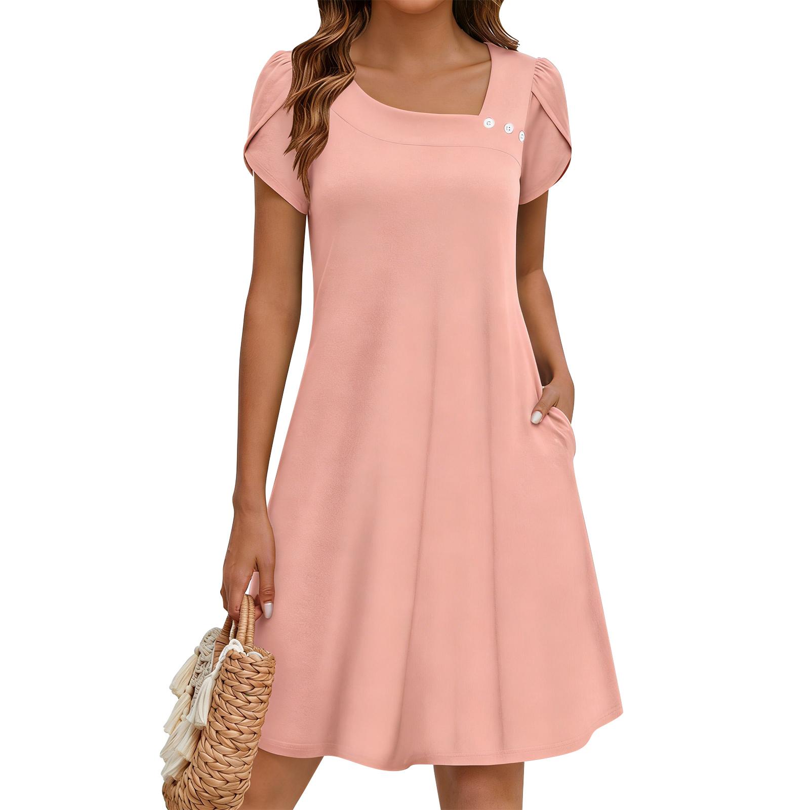

Women s Floral Print Dress With Short Sleeves And Pockets Casual Floral Print Dress M рожевий