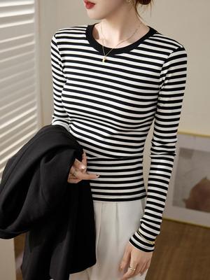 Women's Slim Fit Black & White Striped Long Sleeve Cotton T-shirt - Autumn/Winter 2025
