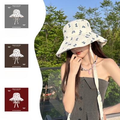 New Butterfly Lace Up Big Brim Fisherman Hat for Women In Summer Outdoor Sun Protection Hat Showing Face Small Basin Hat