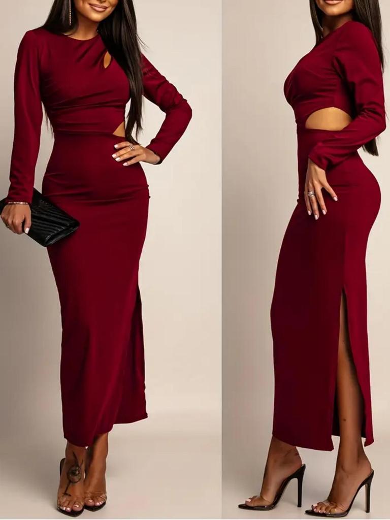 2026 European & American Style Sexy Round Neck Hollow Long Sleeve Bodycon Dress