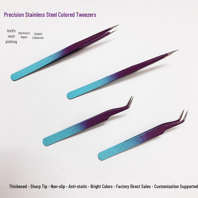 Two-Color Gradient Stainless Steel Anti-static Tweezers with Pointed and Bent Tips for Hair Removal and Eyelash Extension