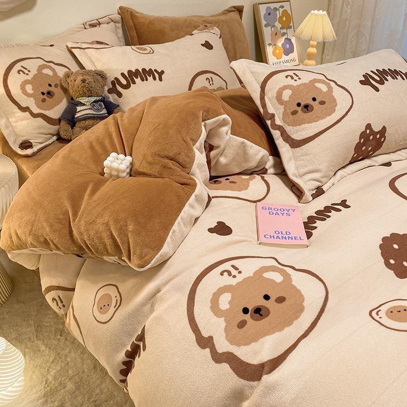 Winter Thickened Milk Velvet Four-piece Set Plus Velvet Warm Coral Velvet Quilt Cover Flannel Sheet Quilt Cover Bedding