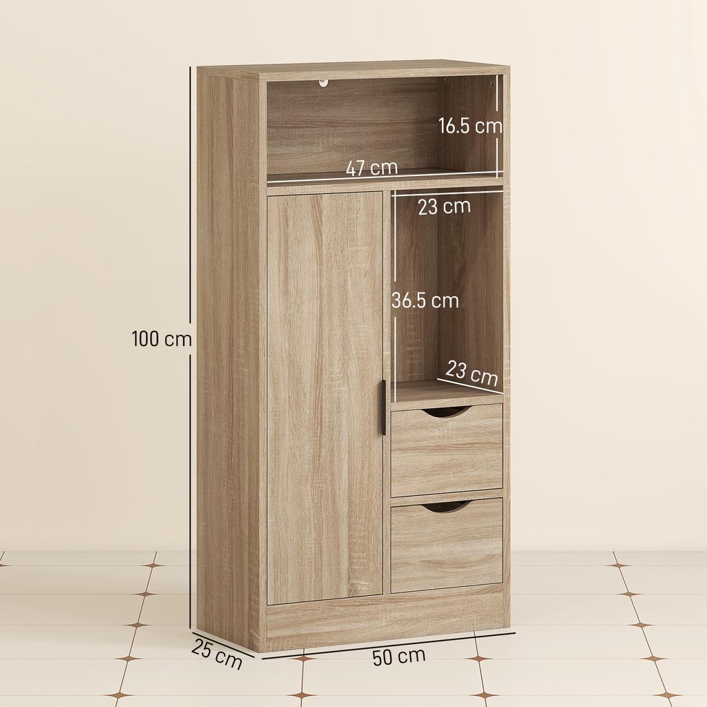 Space-Saving Slim Mobile Bathroom Cabinet with 2 Drawers, Shelves and Cupboard, 50x25x100 cm, Natural Wood