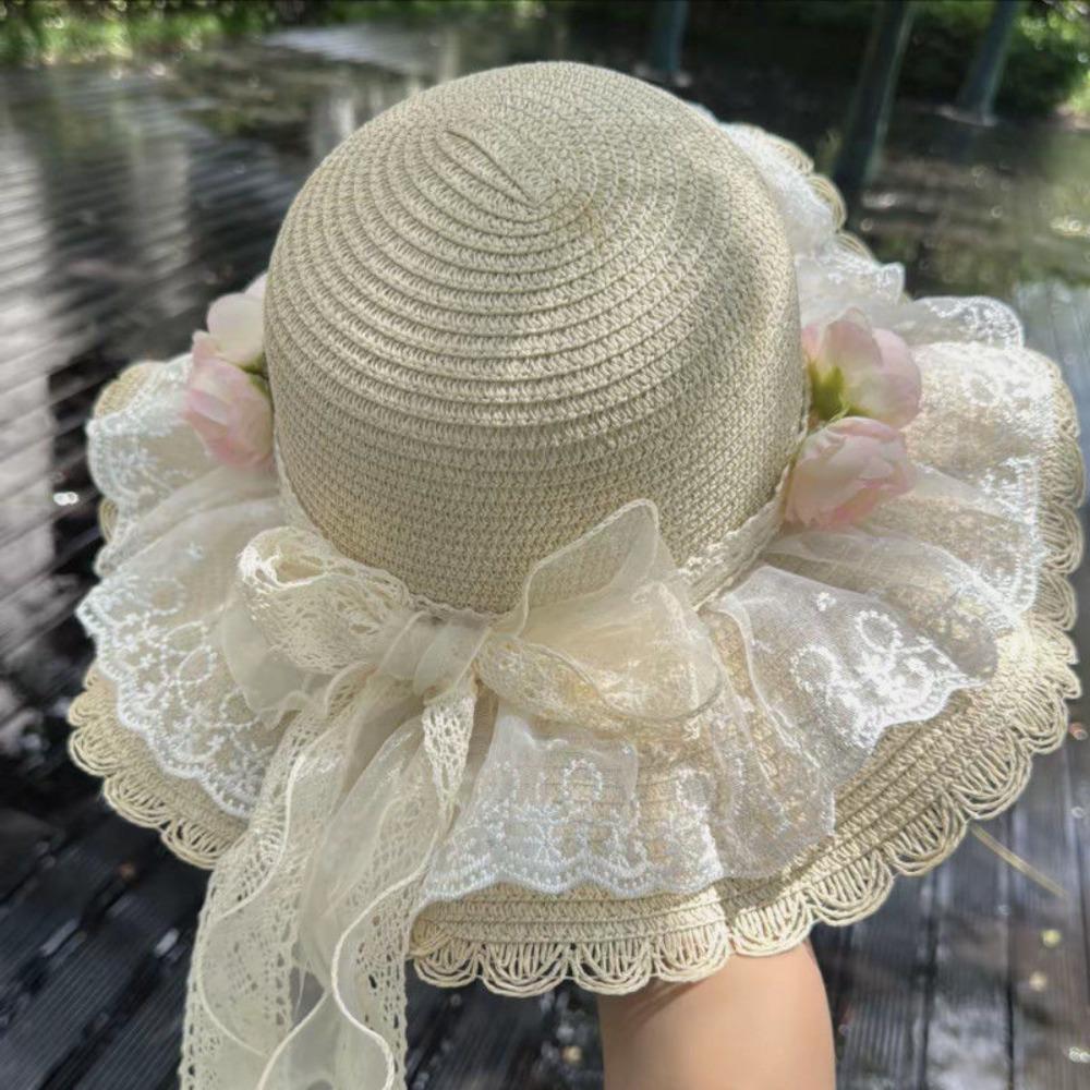 Fashion Lace Bow Sun Hat Adjustable Lace Ruffle Wide Brim Hat Breathable Straw Fisherman Cap Sun Protection