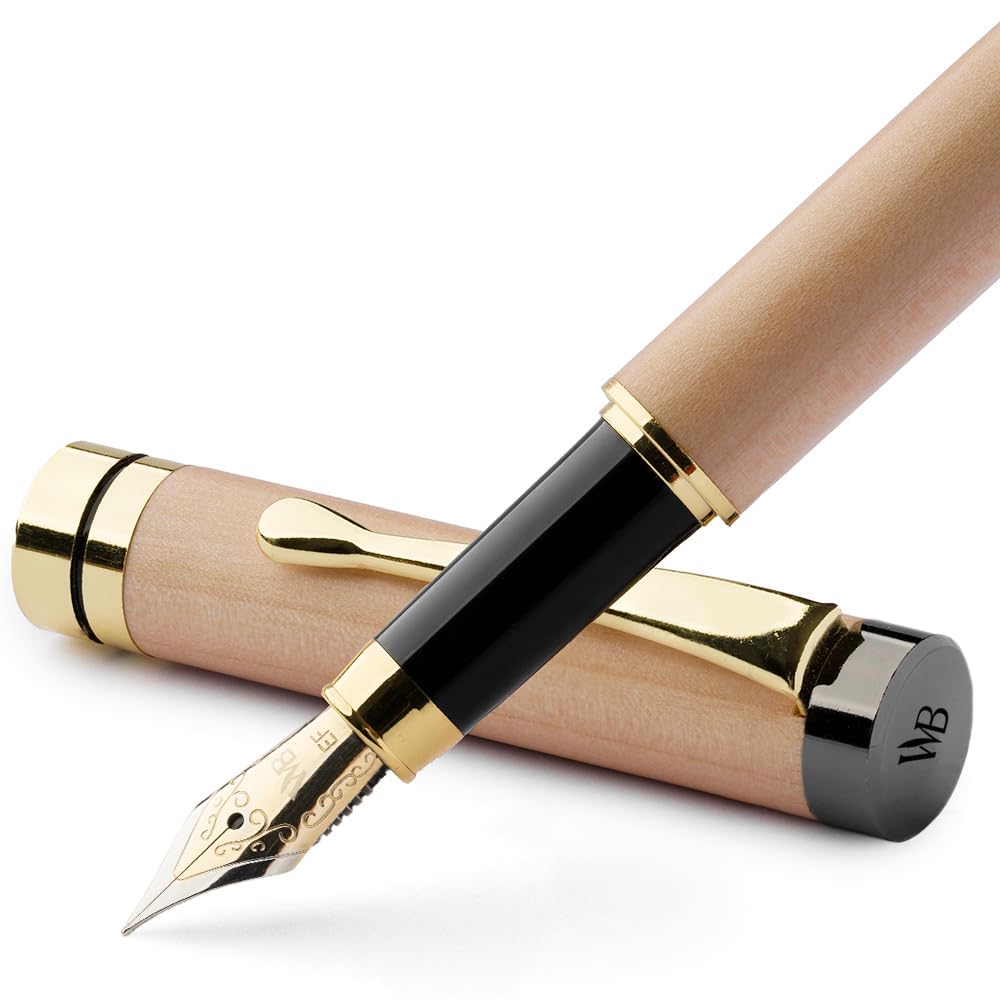 Wordsworth Black Fountain Pen Premium Bamboo Wood Extra Fine Gift Includes 6 Ink Cartridges and Ink Refill Converter Smooth Writing Experience & Set,