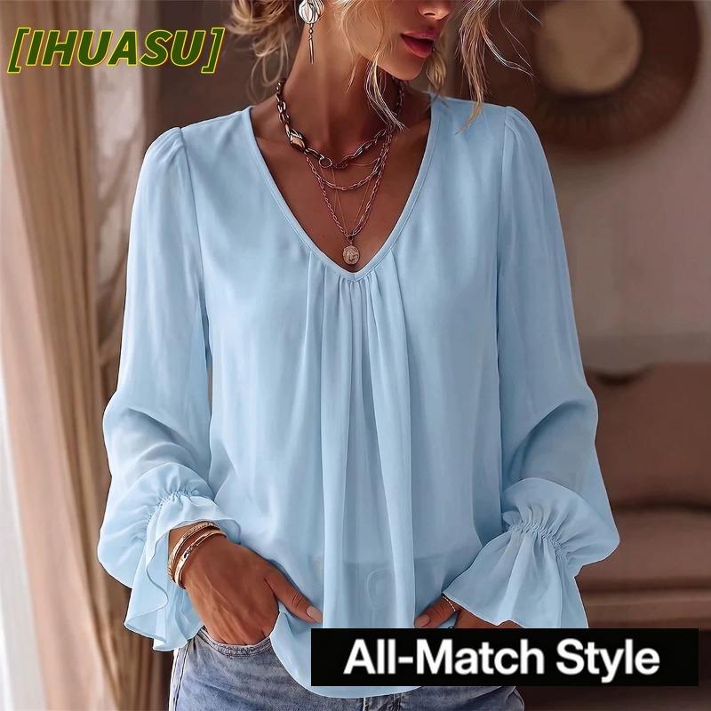 IHUASU Women's Fashion Casual V-Neck Long Sleeve Blouses & Shirts
