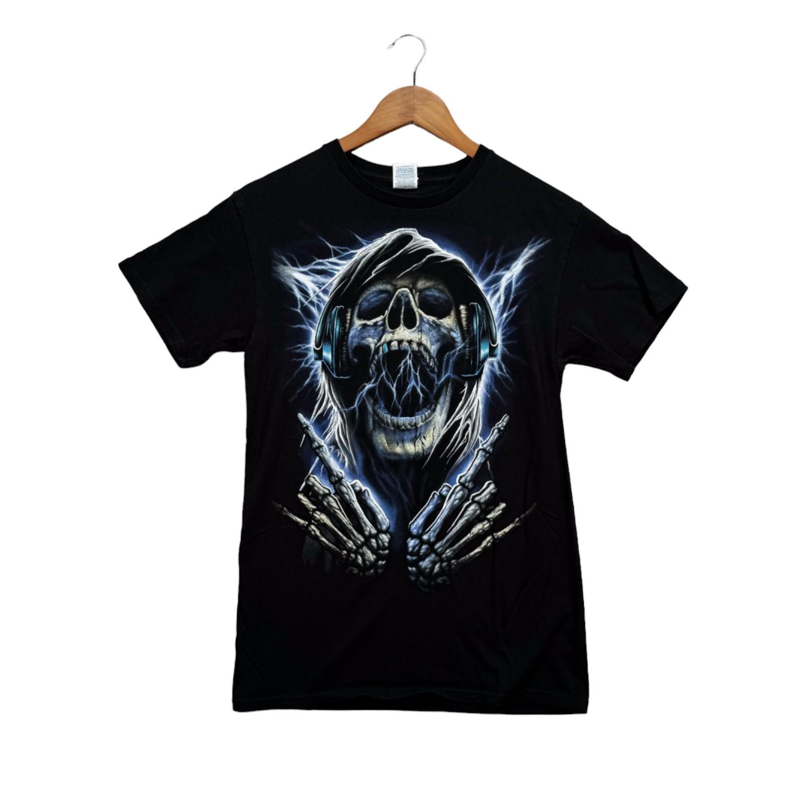 Skeleton Wearing Headphones Death Metal Shirt Hardcore Music Skull Bull Horns S S