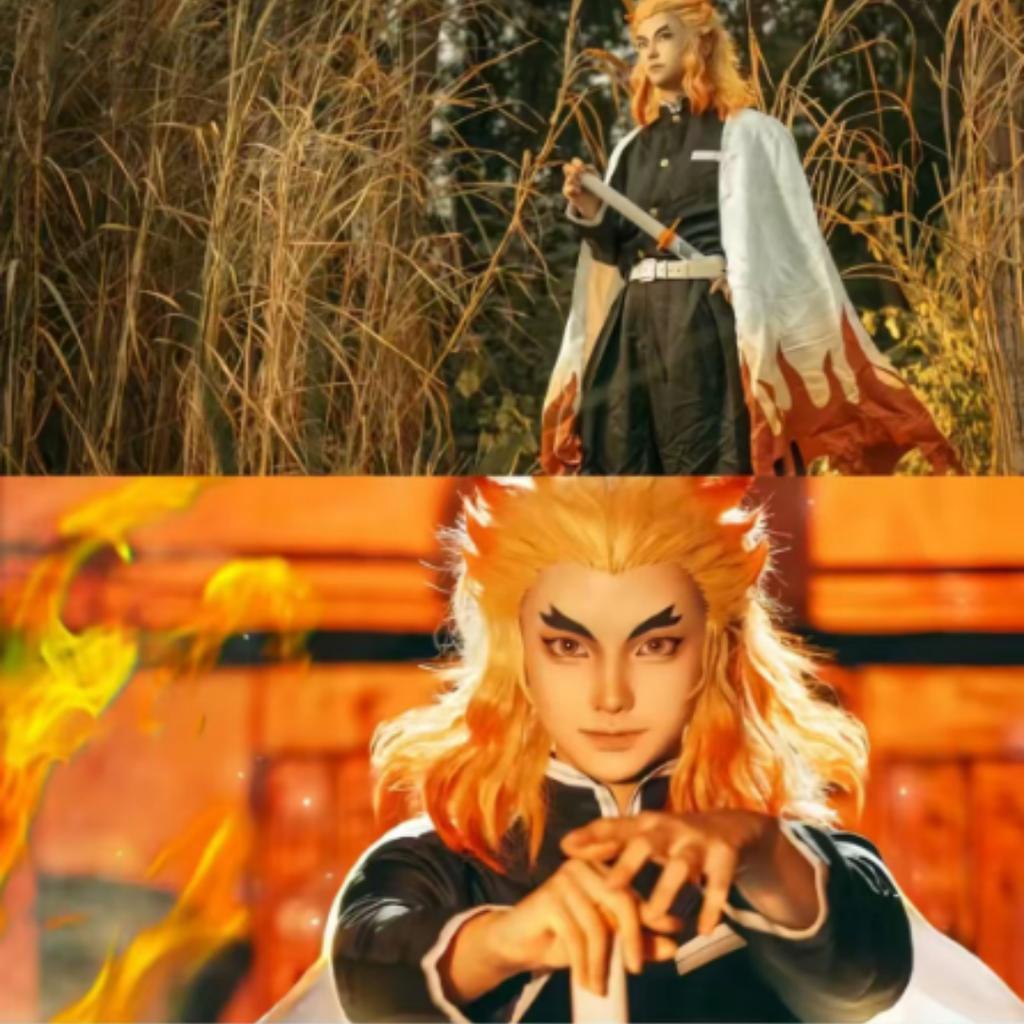 Anime Train Mugen Demon Slayer Rengoku Kyojuro Cosplay Costumes Kimetsu No Yaiba Robe Suits For Adult Kids Wigs Cos Outfit Party