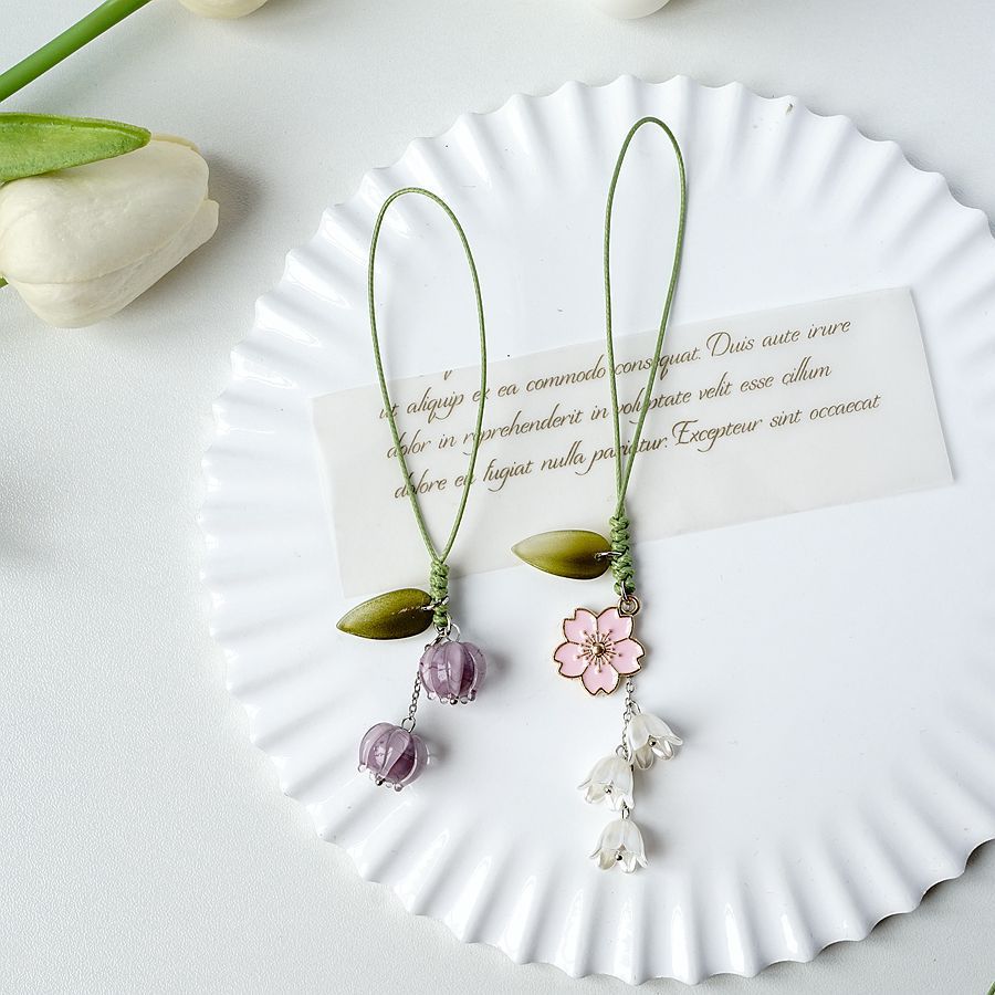 S 1 Stück Handgemachte Tulpenblattblumen Handyanhänger Niedlicher Smartphone-Riemen Schlüssel Lanyard Dekorationen Zubehör