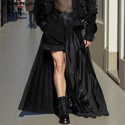 Saias Longas Femininas de Cintura Alta com Botões Plissadas Casuais com Fendas Kilt Rodado