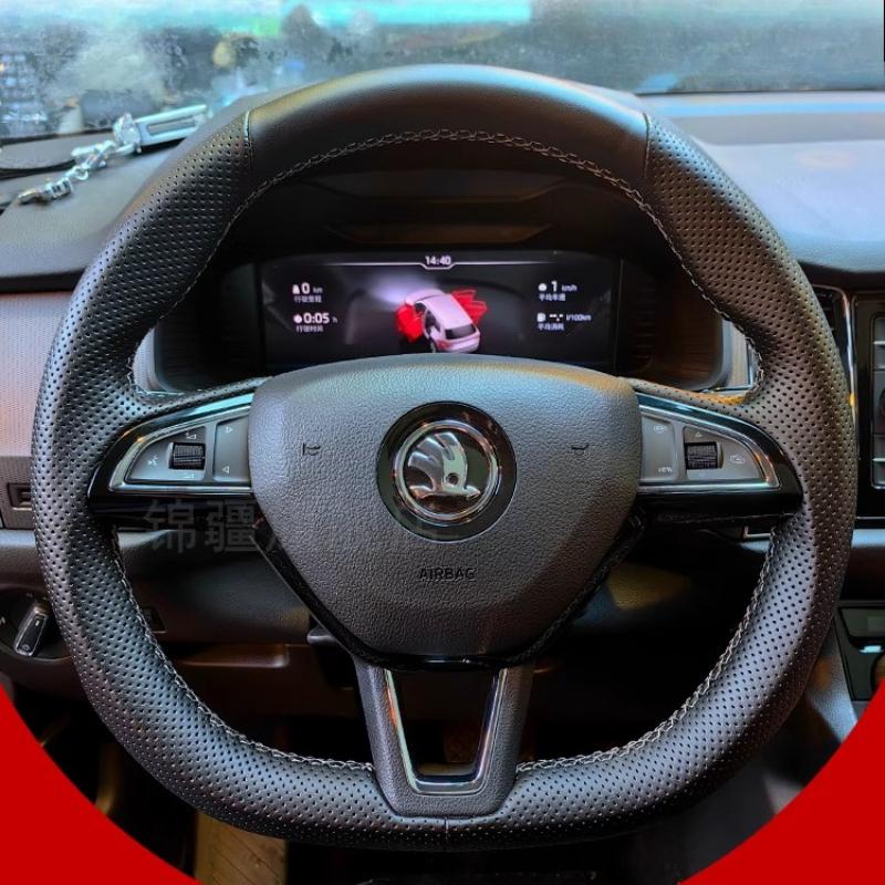 For Skoda Octavia 2015-2019 Fabia Kodiaq Superb Scala Hand-stitched Black Genuine Leather Non-slip Car Steering Wheel Cover