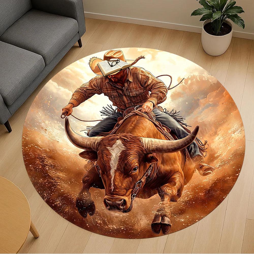 1PC bull riding cowboy Office Round Area Rug, Under Office Chairs Bedroom Living Room Home Decor,Carpet for Office, -1110222