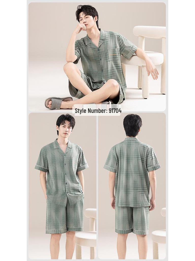 Men's 2026 New Summer Cotton Short Sleeve Pajama Set - Plus Size Youth Home Wear
