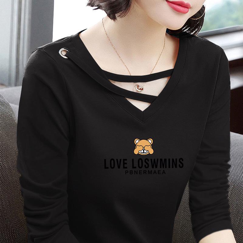 2025 Spring & Autumn Pure Cotton V-Neck Printed Long Sleeve Plus Size T-Shirt for Middle-Aged Women, Age-Reducing & Slimming Design.