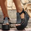 Summer New European and American Foreign Trade Slope Heel Roman Sandals Rear Zipper Hollow Rhinestone Flat Bottom Versatile Large Size Women's Shoes