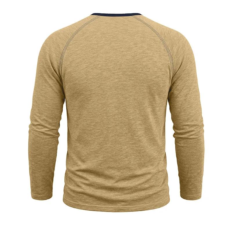 Spring Autumn Men's Cotton Henry Collar T-Shirts American Style Fashion Smart Casual Tees Tops Men Patchwork Breathable Tshirt