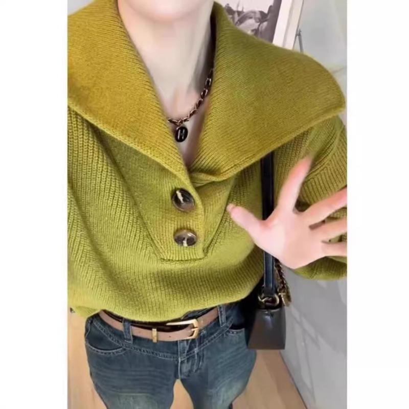 Autumn and Winter New Solid Color Simple Fashion Versatile Lapel Loose Version Lazy Style Short Long Sleeve Knitted Pullover Women