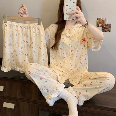 Pastoral Cartoon Bunny Summer Sweet Ruffle Edge Short-sleeved Pajamas Women's Imitation Cotton Three-piece Loungewear