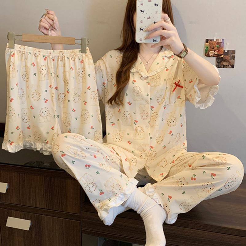 

Пасторальная мультяшная пижама с кроликом, летняя, милая, с оборками, с короткими рукавами, женская, из имитации хлопка, из трех предметов, домашняя одежда 2XL [Recommended 135-75kg]