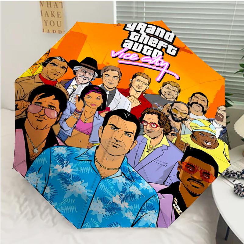 Game Grand Theft Auto Print Automatic Umbrella, 8 Rib Iron Frame, Plastic Handle, Suitable for Outdoor Travel &Daily , Ideal Gift