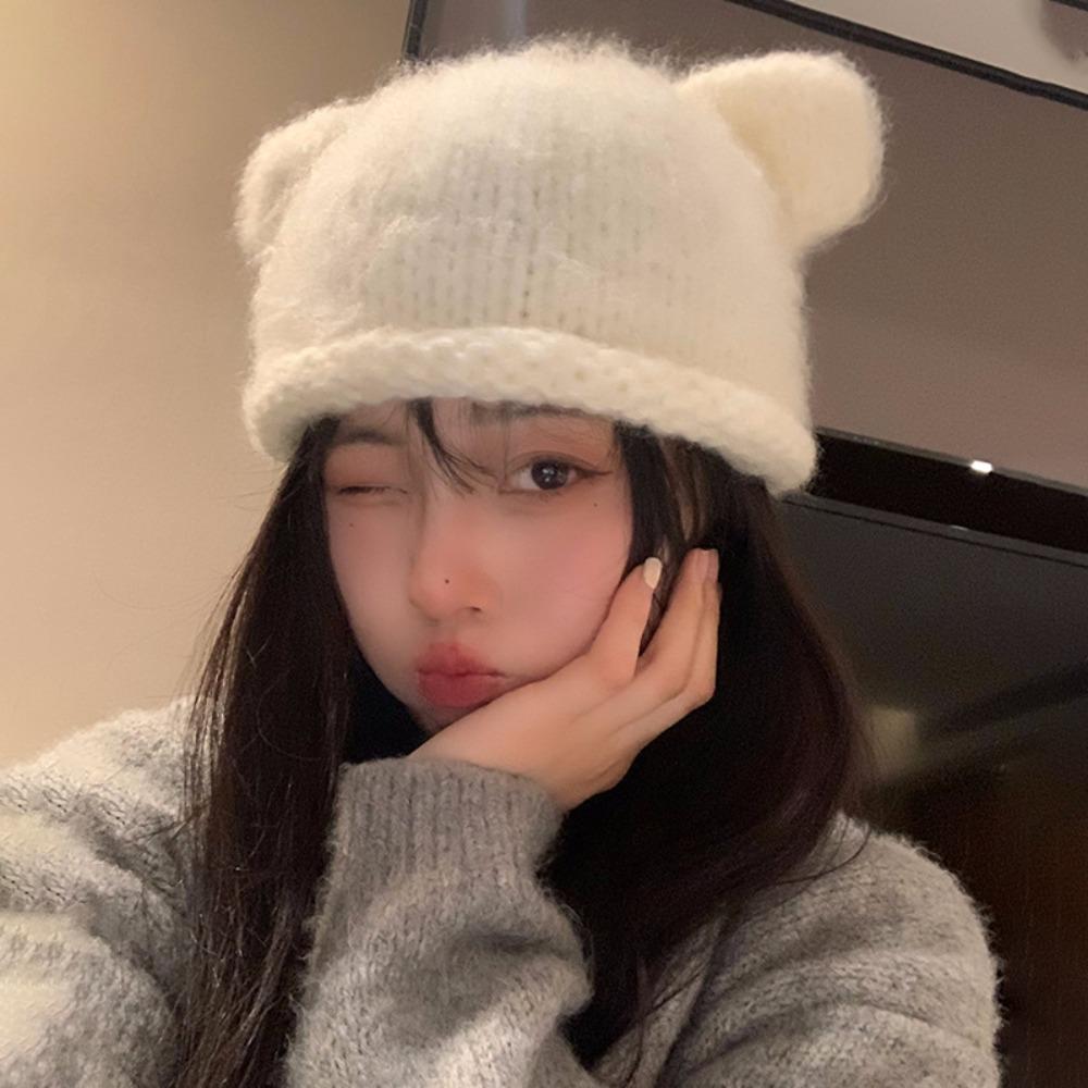Soft Bear Ear Woolen Hat Fluffy Brimless Beanie Cap Fashion Knitted Pullover Hat  Keep Warm