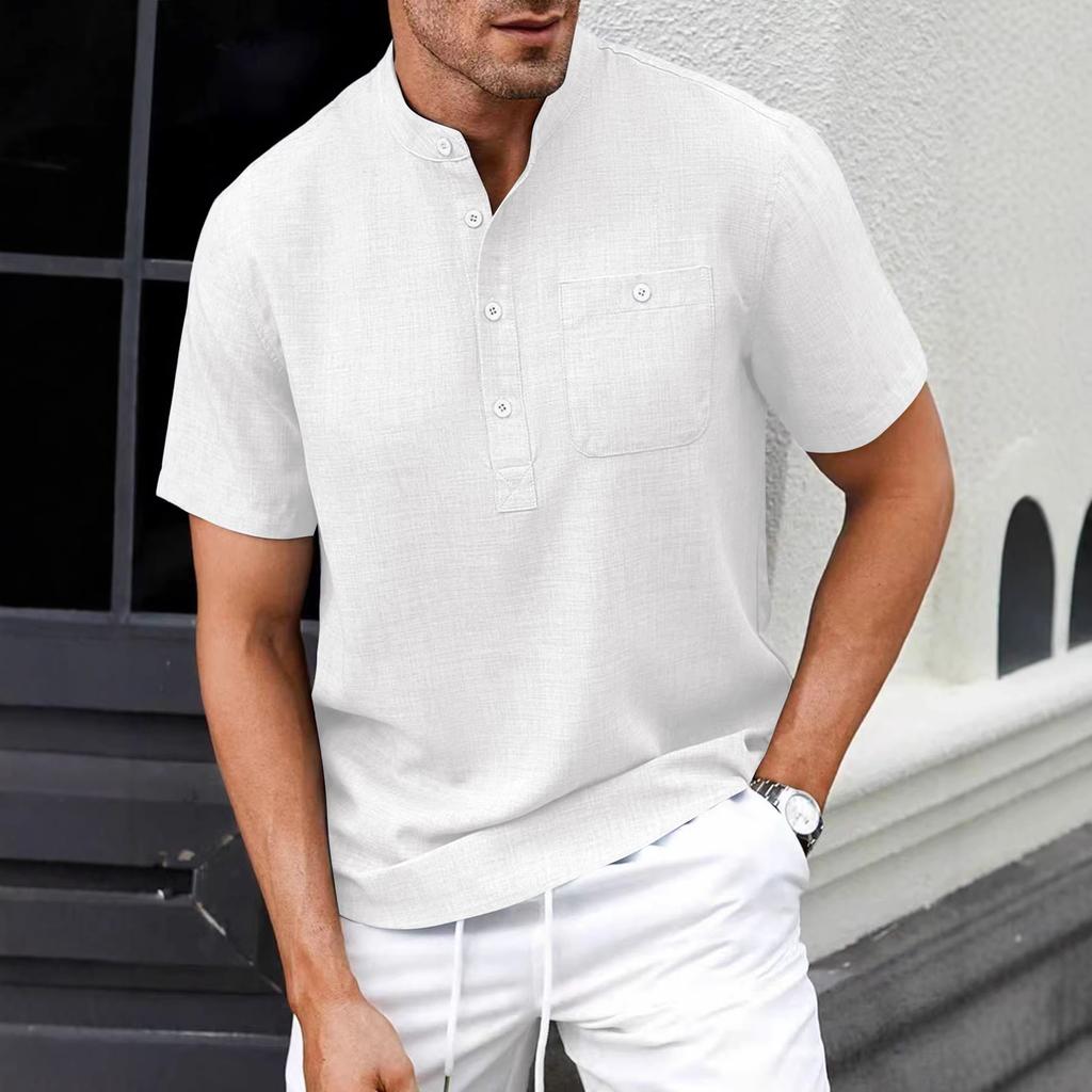 Men Stand Collar Short Sleeve Loose Solid Color Casual Henley Shirt