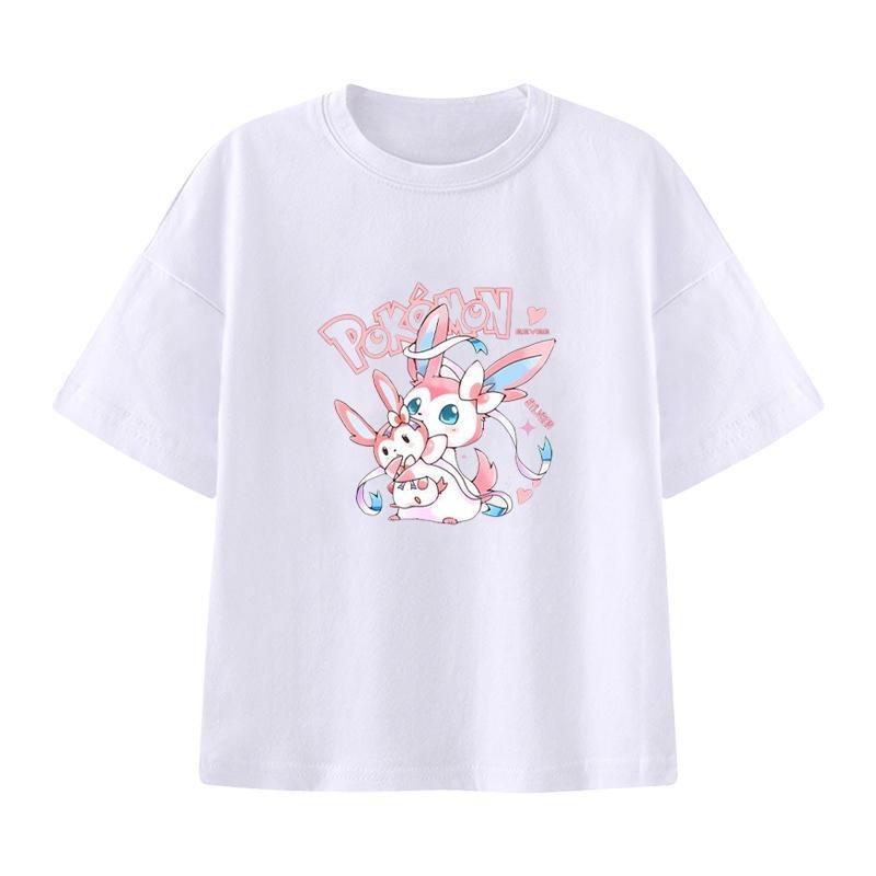 Pokémon Handheld-Spiel Evoli Cartoon-Print T-Shirt Sommer Herren und Damen Übergröße Trend Locker Lässig Kurzarm-Top