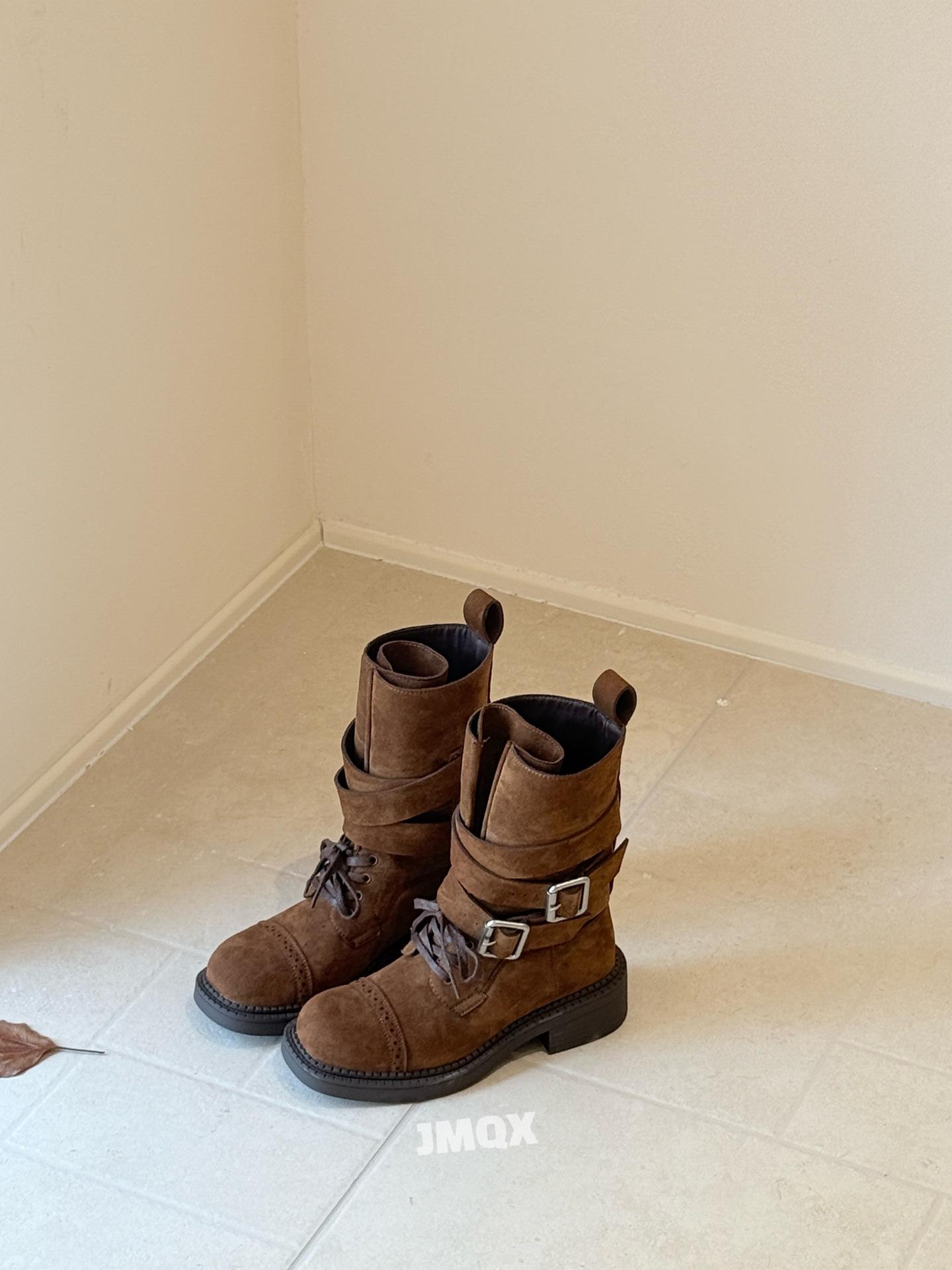 

2025 new leather fashion boots women s versatile comfortable thick heel locomotive boots belt buckle slim mid tube Martin boots tide 35