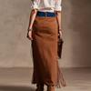 Women's Color Tassel-Patchwork Denim Asymmetrical Suede Midi Skirt